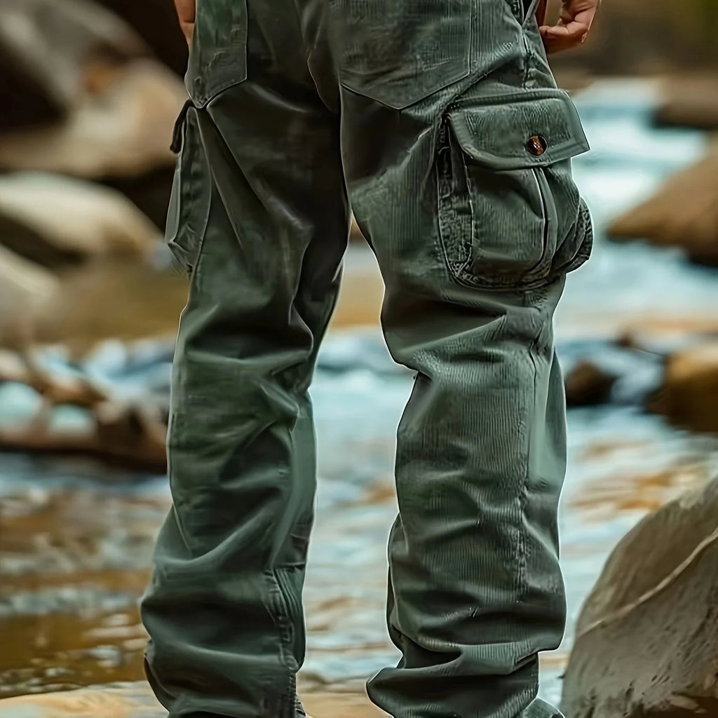 Men's fern green two-tone utility cargo trousers in autumn and winter