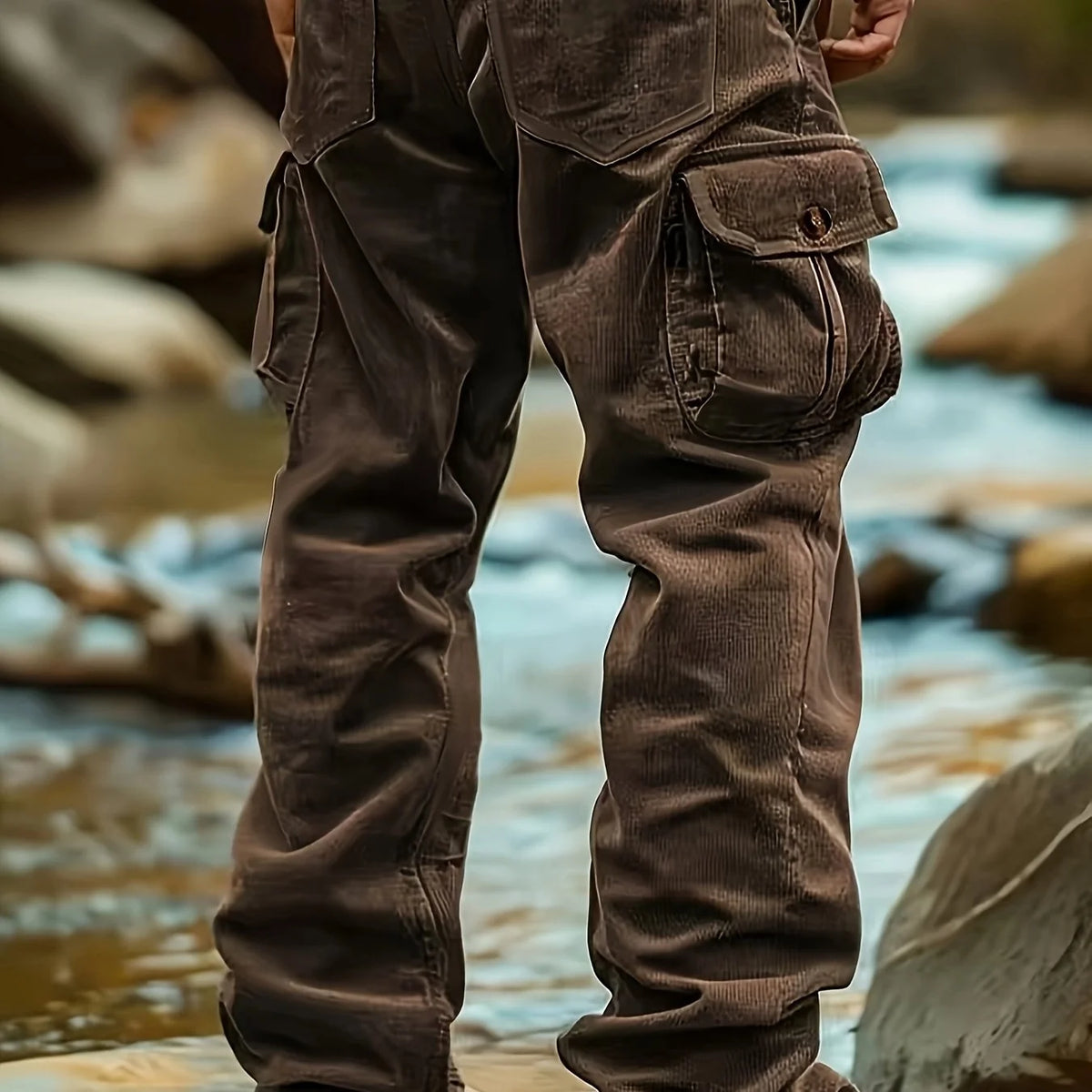 Men's coffee brown two-tone utility cargo trousers in autumn and winter