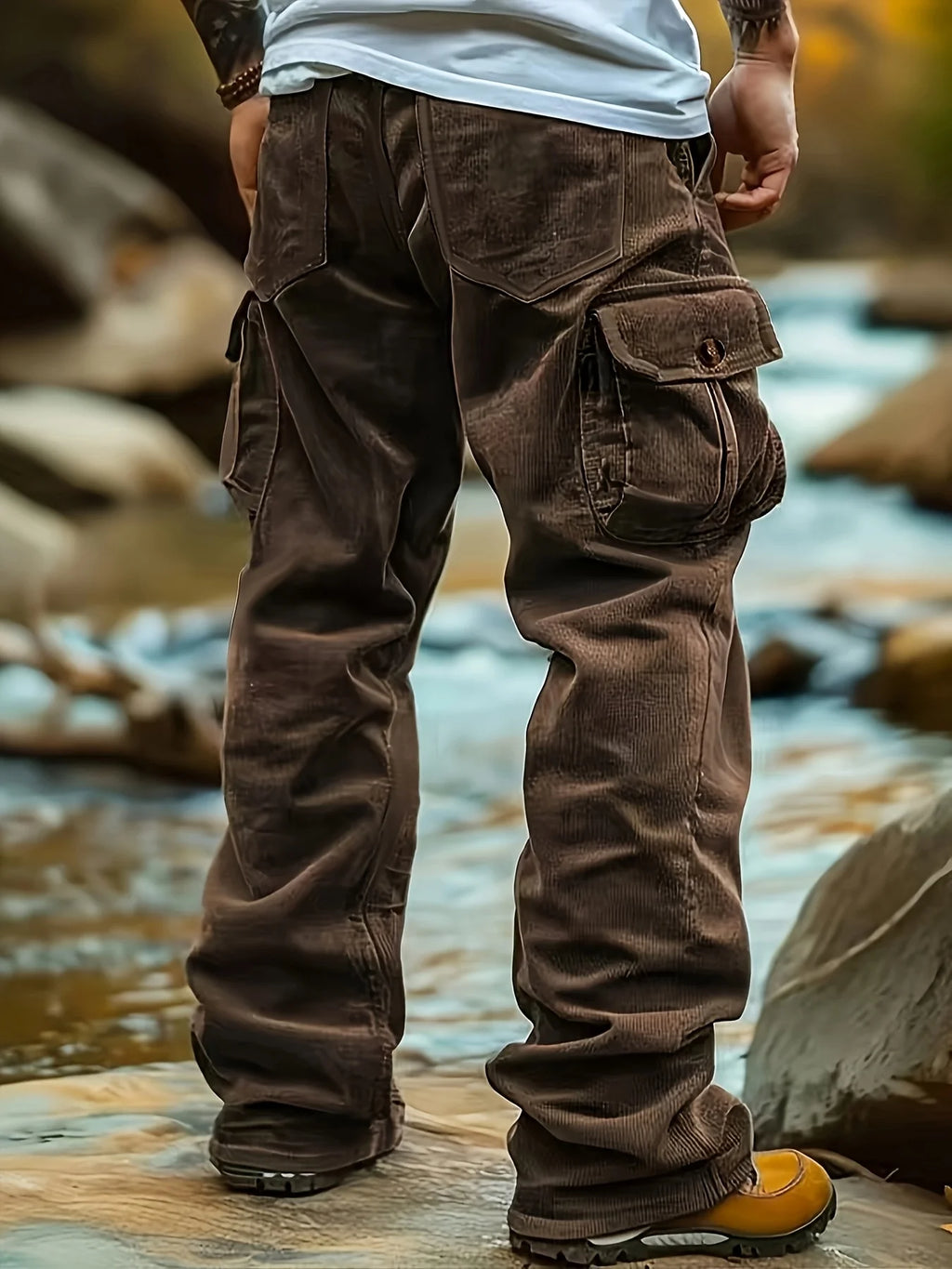 Men's coffee brown two-tone utility cargo trousers in autumn and winter