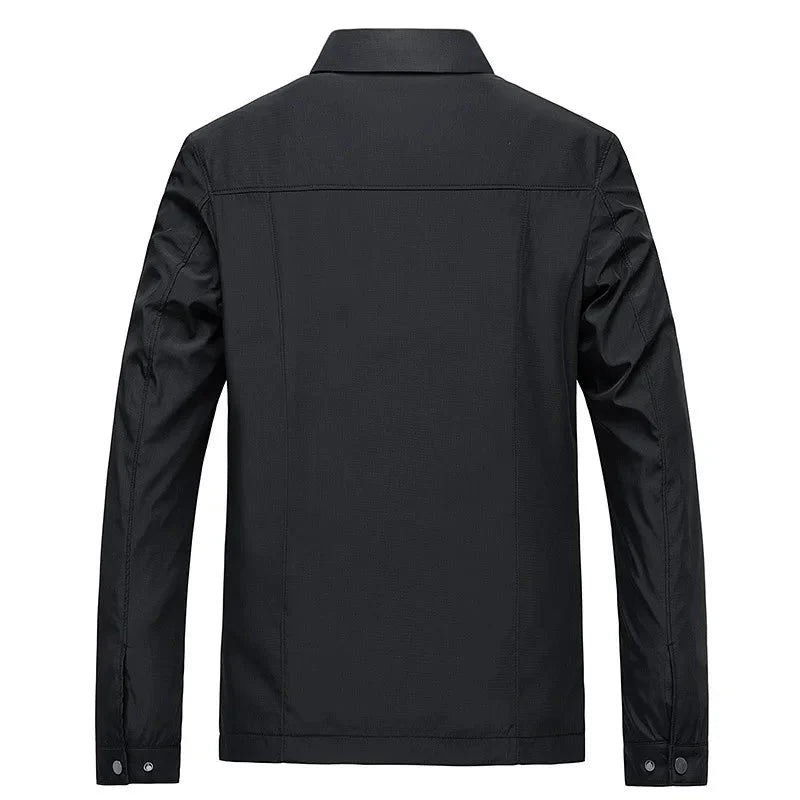 Men's navy blue all-weather collared jacket for cold autumn and winter days