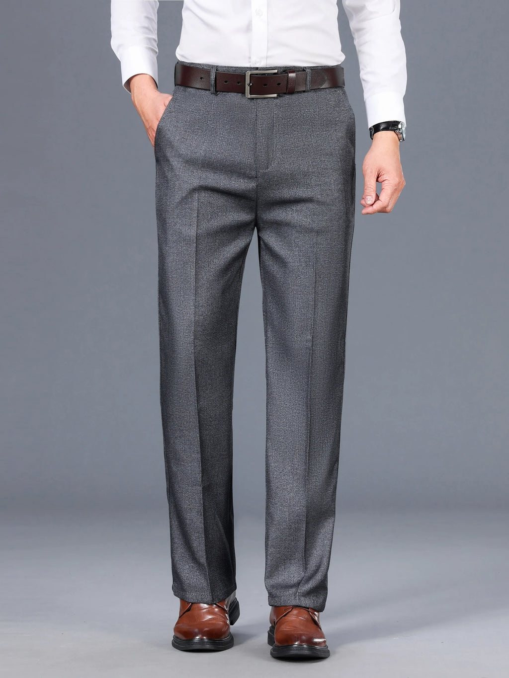 Men's grey tailored trousers for layering through autumn and winter