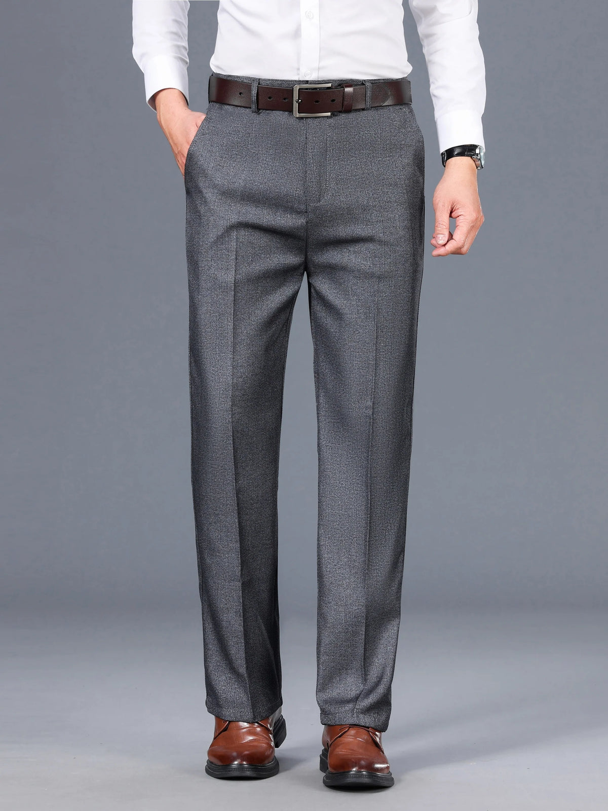 Men's grey tailored trousers for layering through autumn and winter