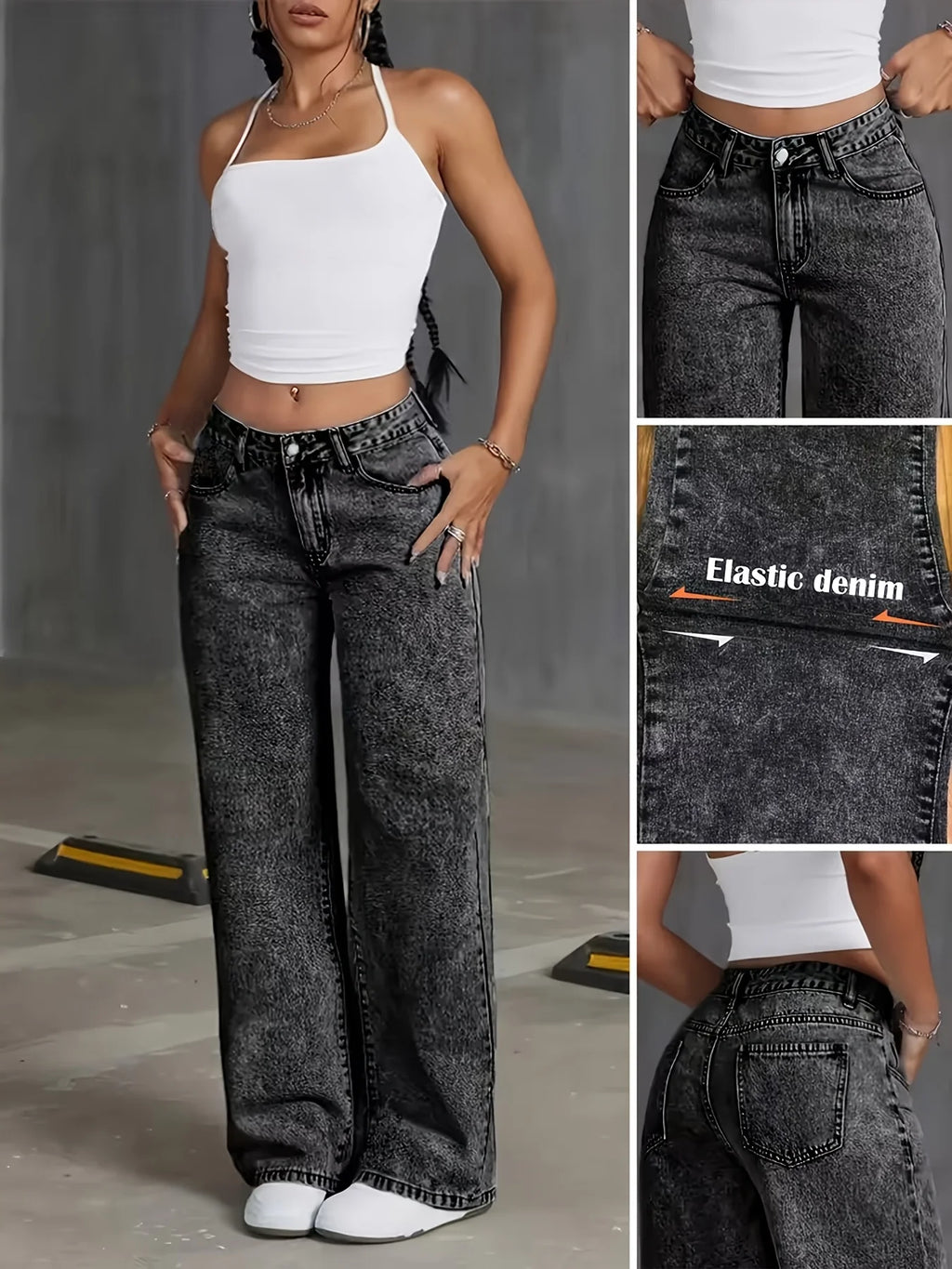 Women's black wide-leg straight jeans