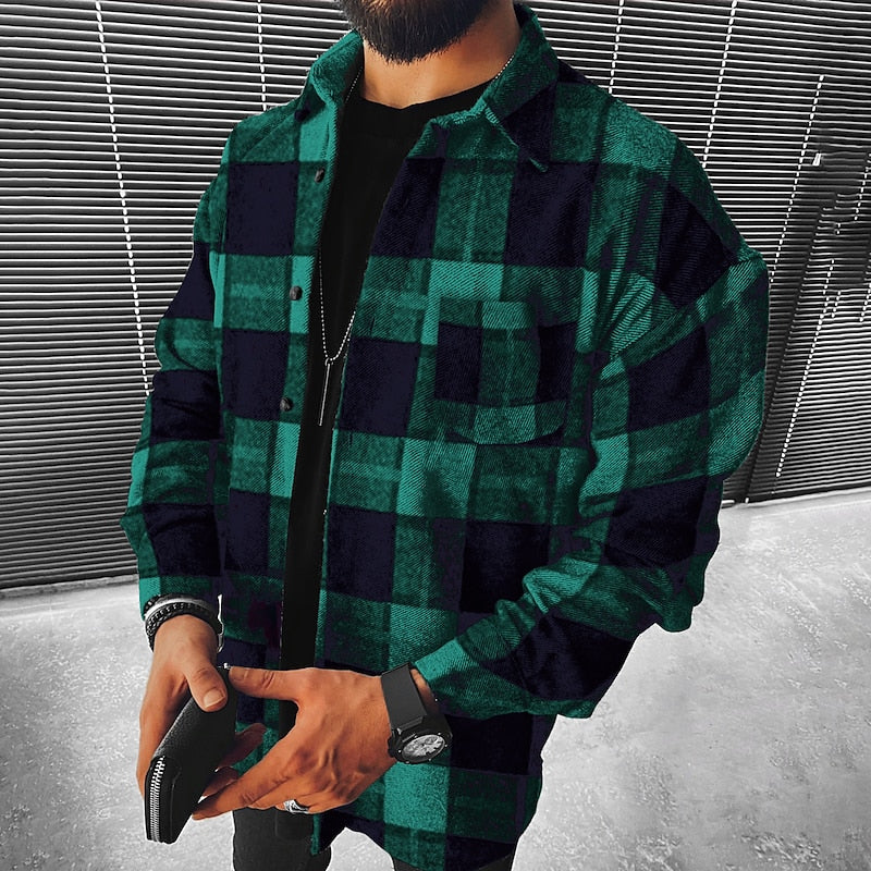 Men's green checked christmas overshirt for autumn and winter layering