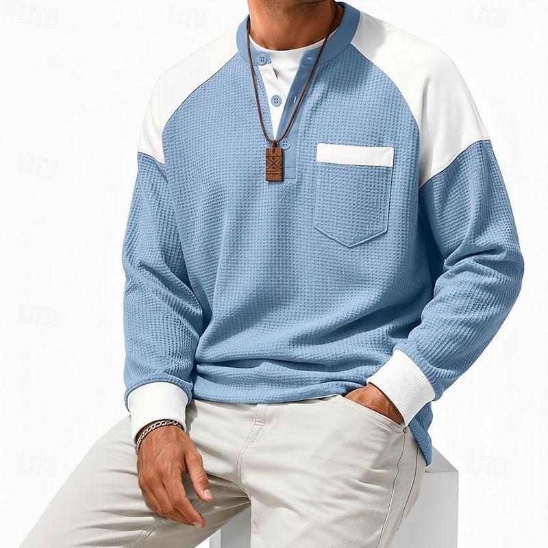 Men's light blue long sleeve henley top for the autumn and winter season