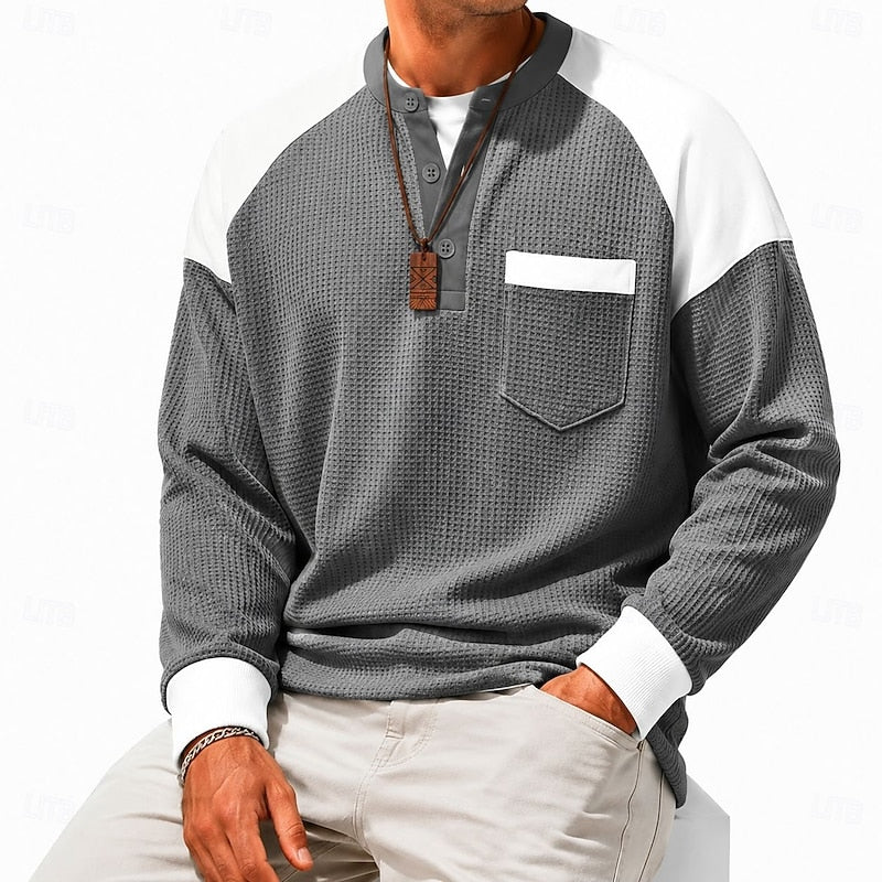 Men's grey long sleeve henley top for the autumn and winter season