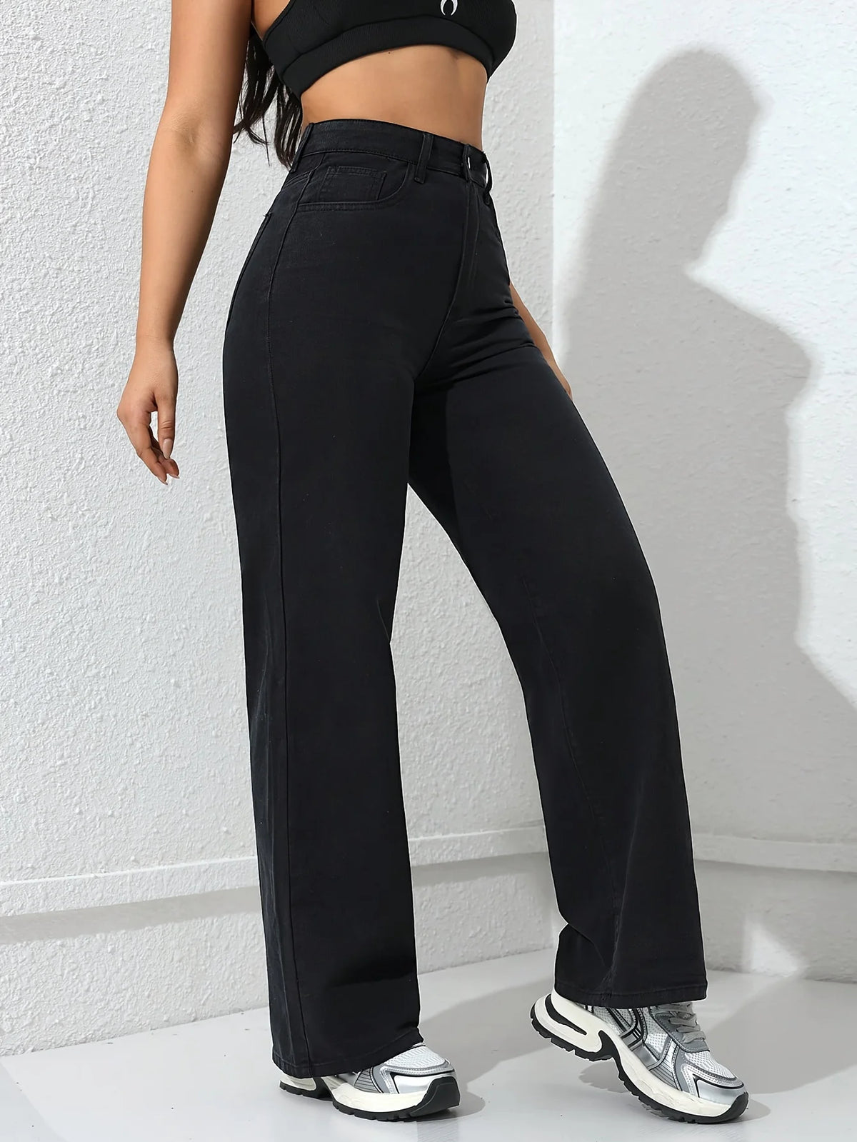 Women's black wide-leg trousers with high waistband
