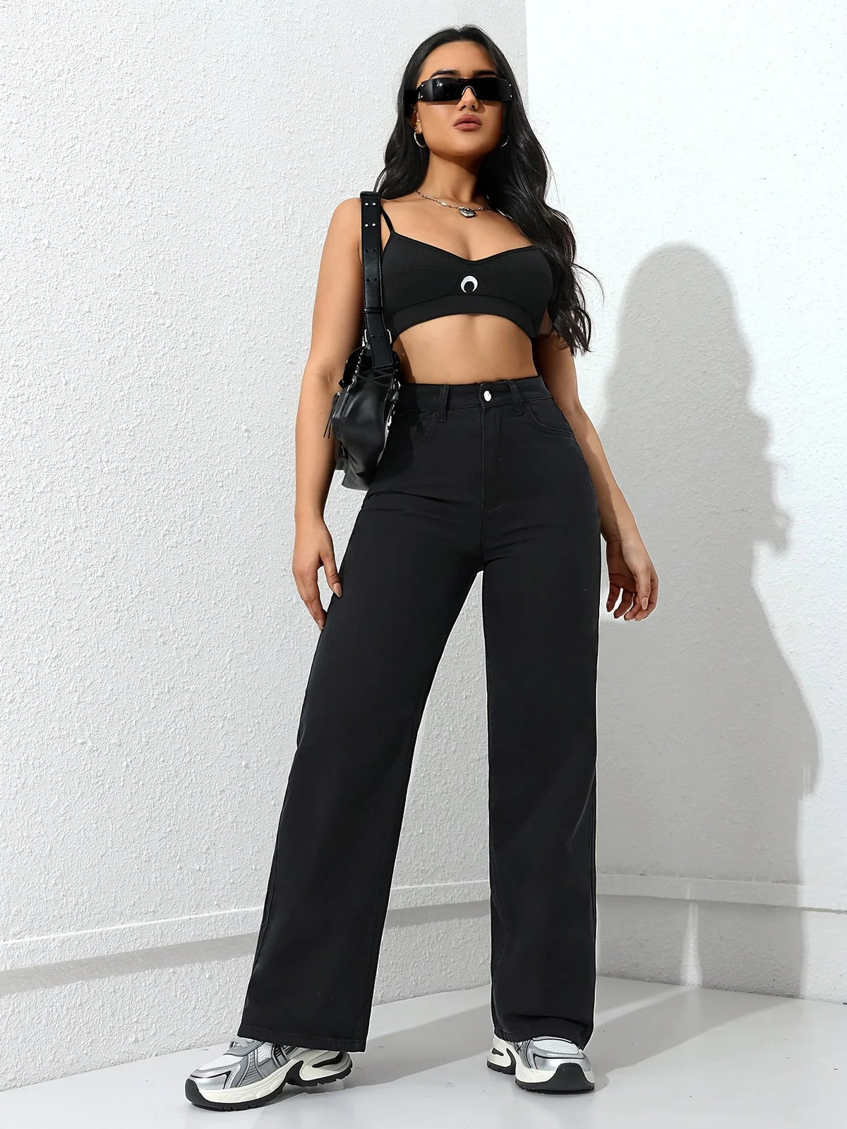 Women's black wide-leg trousers with high waistband