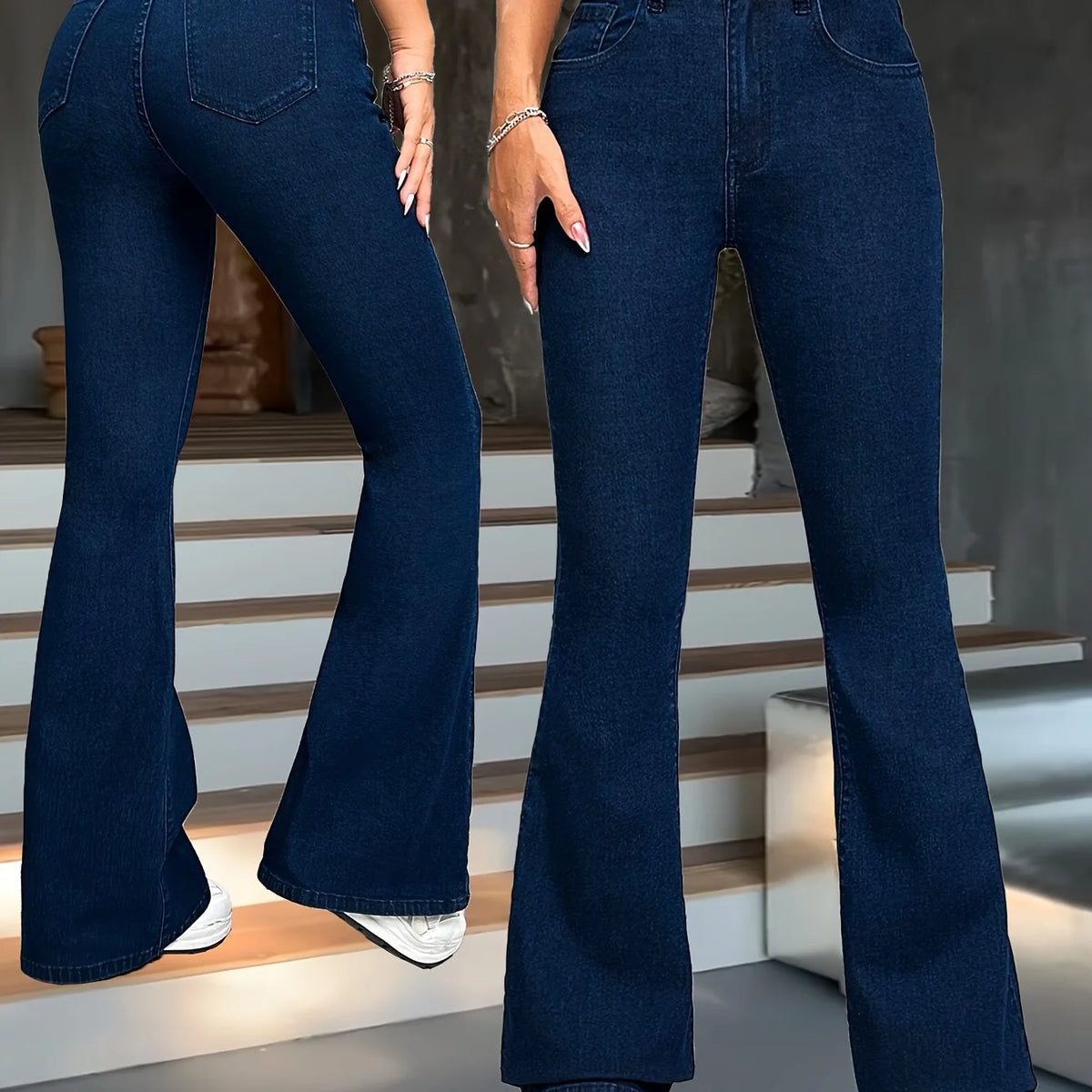 Women's medium blue flared high-waisted trousers for autumn and winter