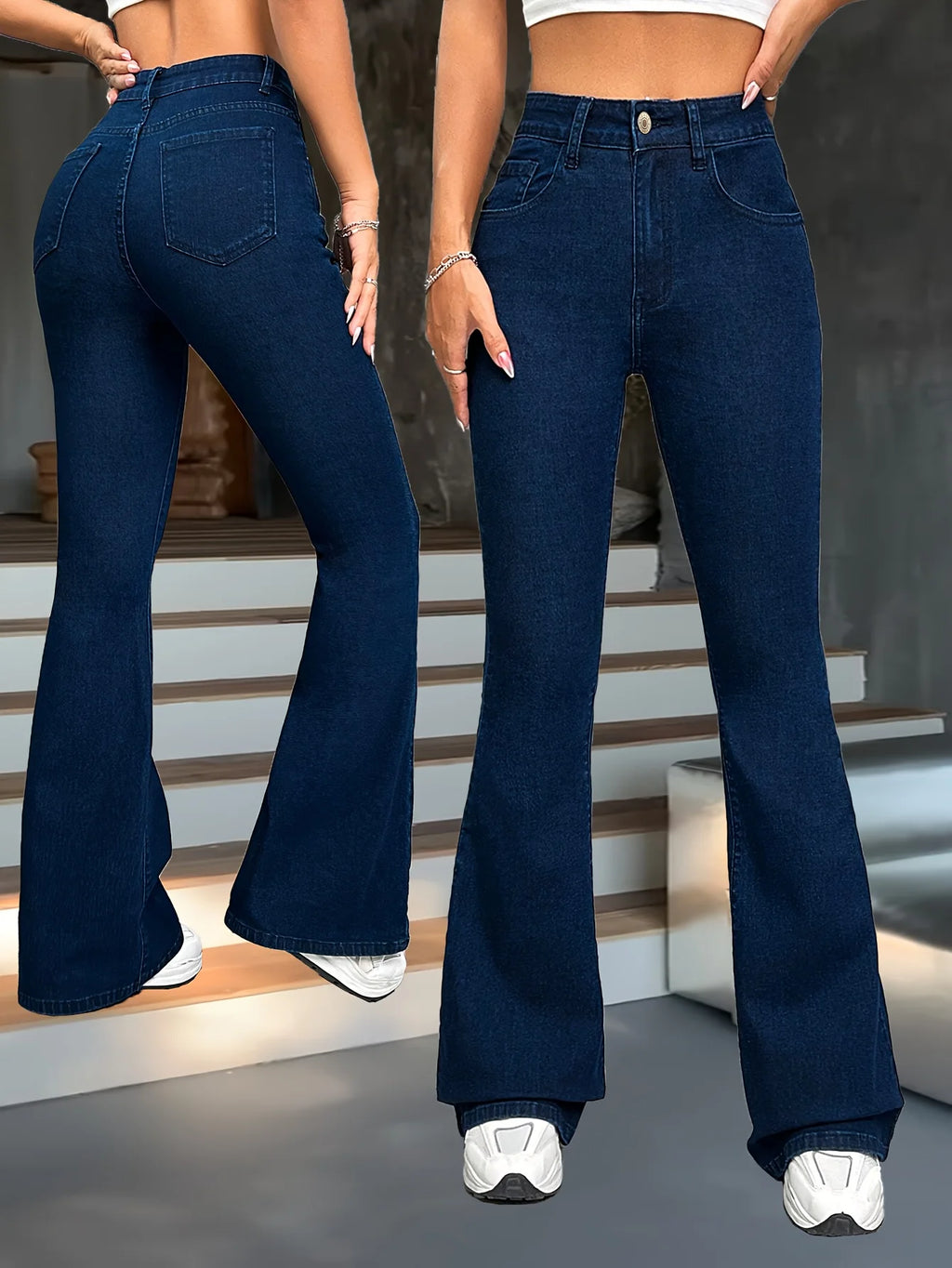 Women's medium blue flared high-waisted trousers for autumn and winter