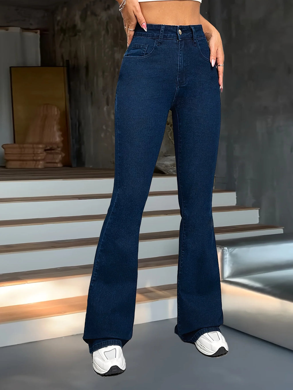 Women's medium blue flared high-waisted trousers for autumn and winter