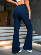 Women's medium blue flared high-waisted trousers for autumn and winter