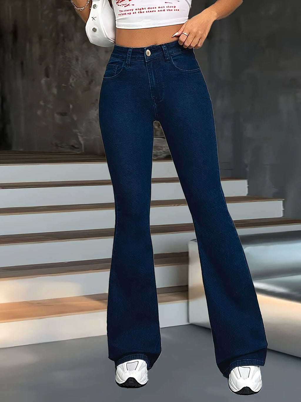 Women's medium blue flared high-waisted trousers for autumn and winter