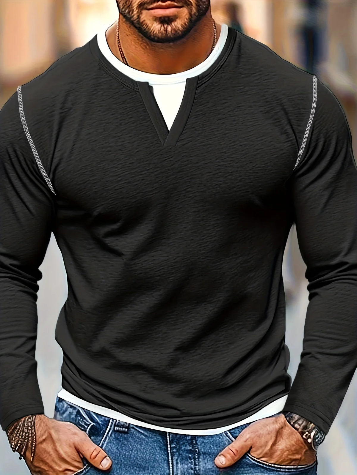 Men's black contrast-stitch henley shirt