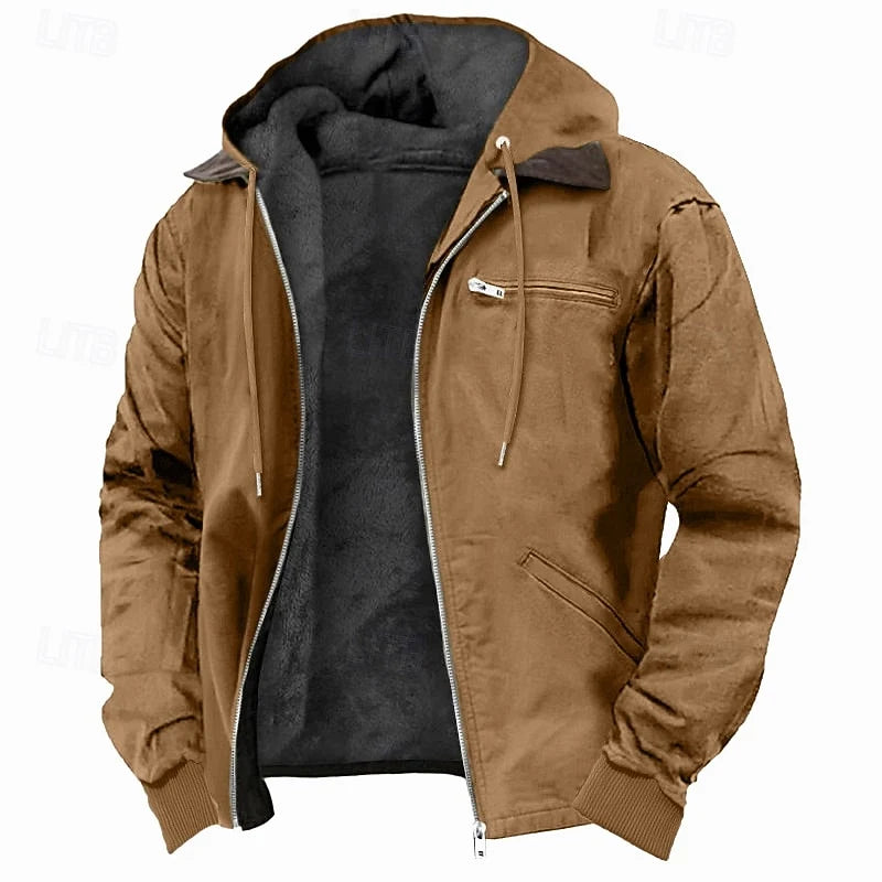 Men's brown fleece-lined hooded zip jacket for autumn and winter