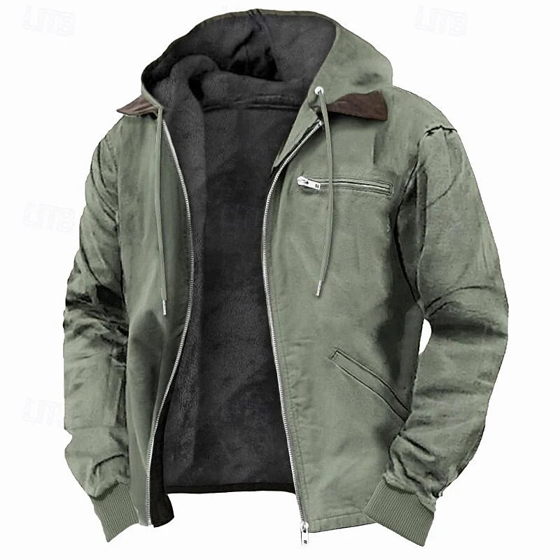 Men's brown fleece-lined hooded zip jacket for autumn and winter