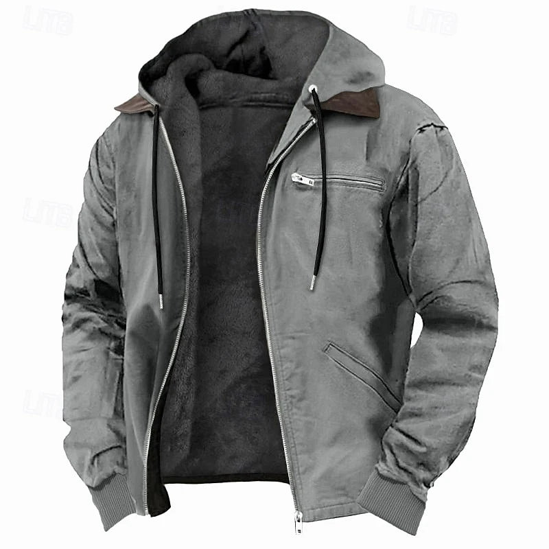 Men's army green fleece-lined hooded zip jacket for autumn and winter