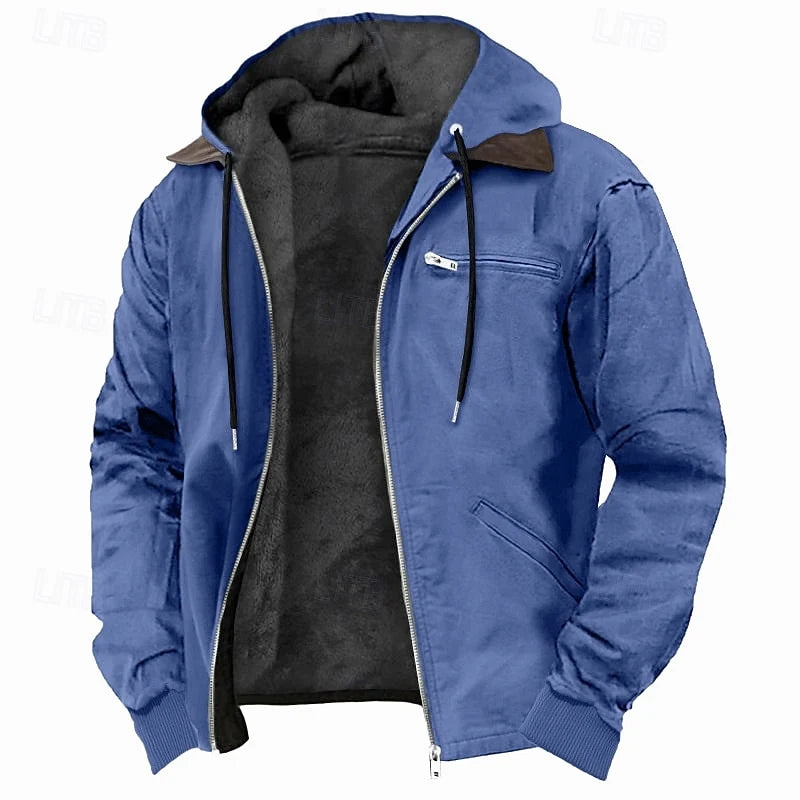 Men's grey fleece-lined hooded zip jacket for autumn and winter