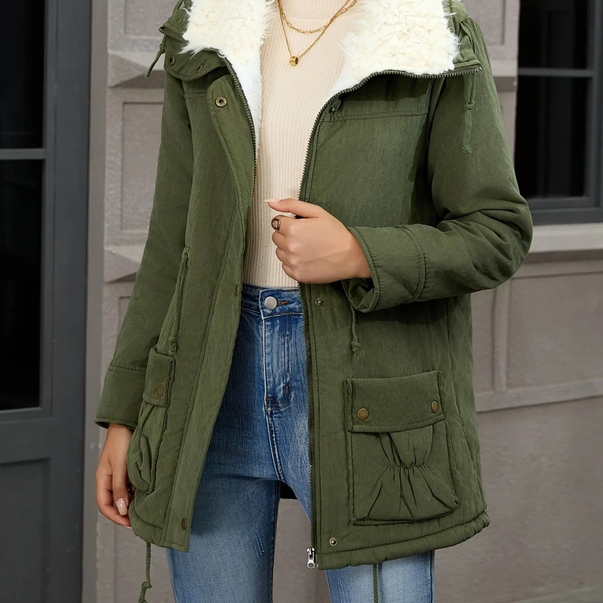 Men's olive green cosy longline winter parka for everyday cold-weather wear