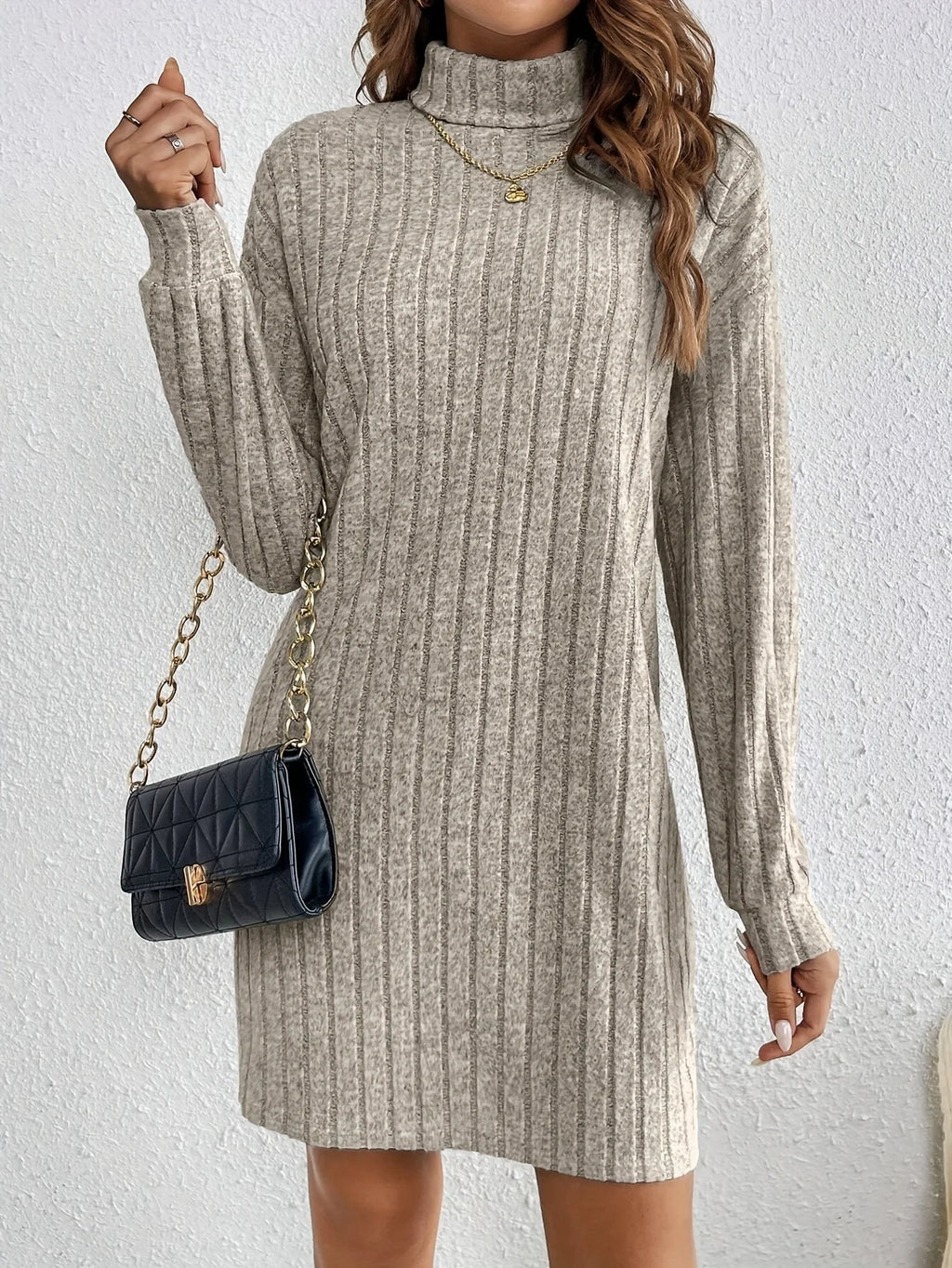 Women's khaki ribbed textured jumper dress for everyday winter wear