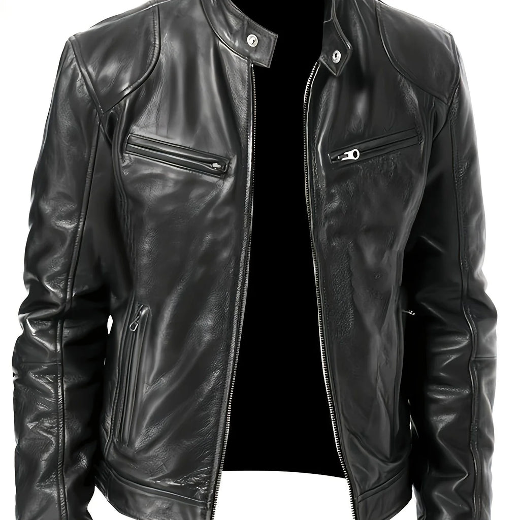 Men's black cropped classic stand-collar moto jacket for the season