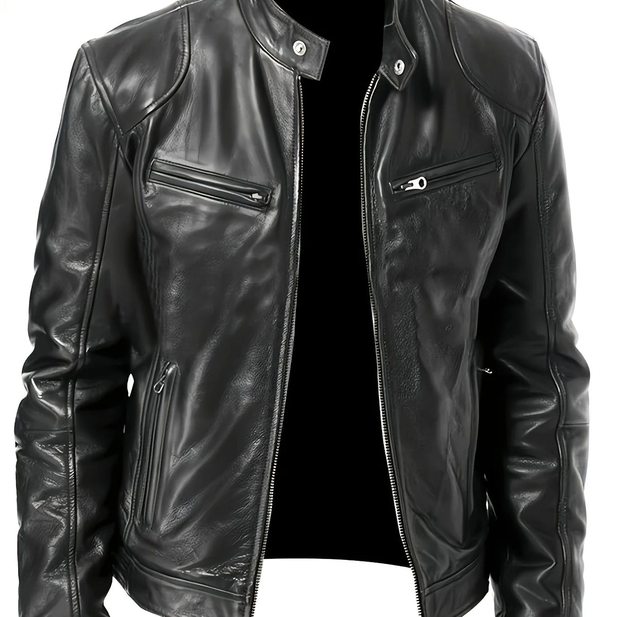 Men's black cropped classic stand-collar moto jacket for the season