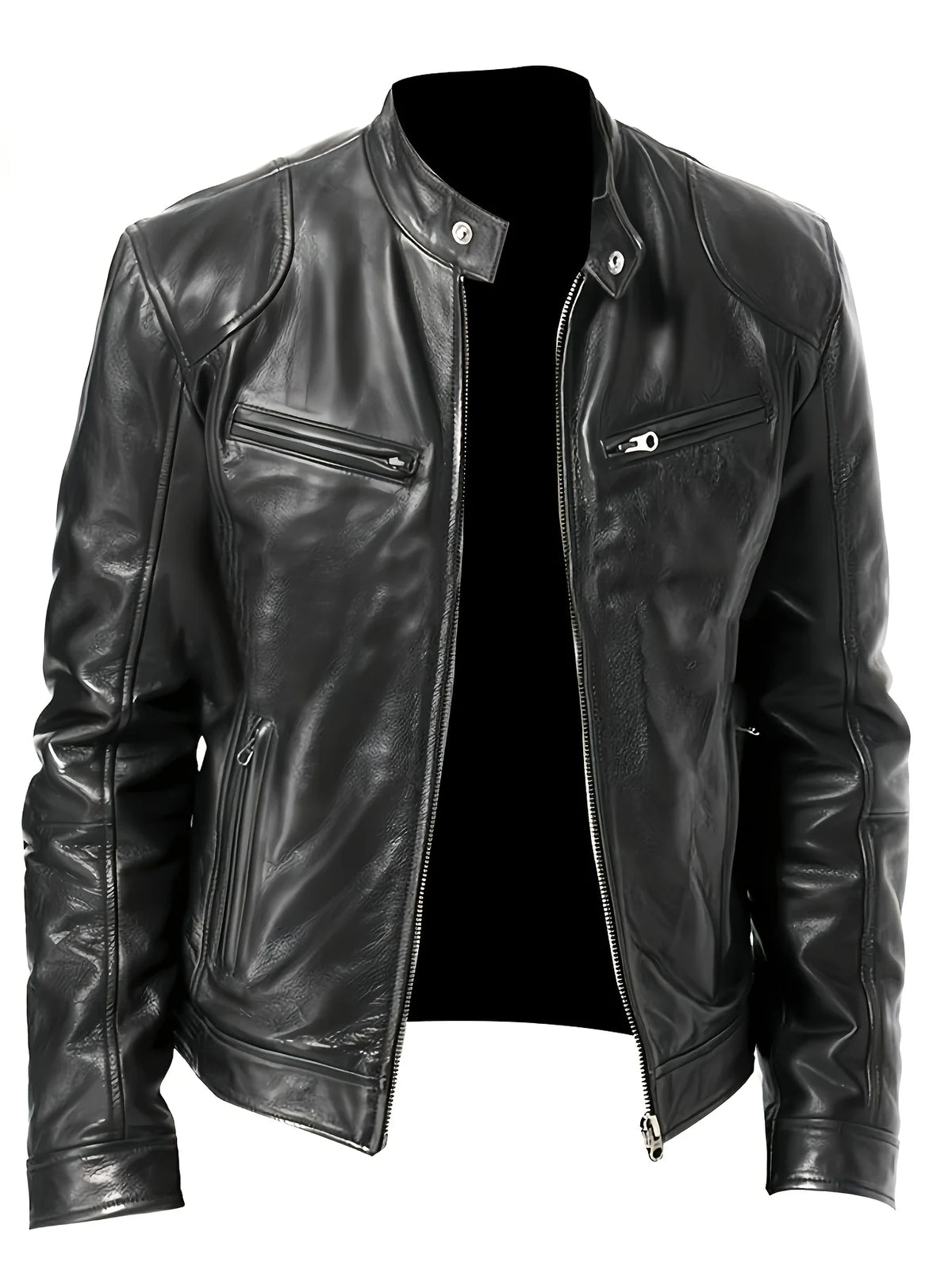 Men's black cropped classic stand-collar moto jacket for the season