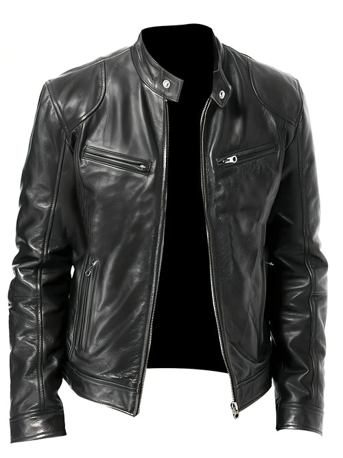Men's black cropped classic stand-collar moto jacket for the season