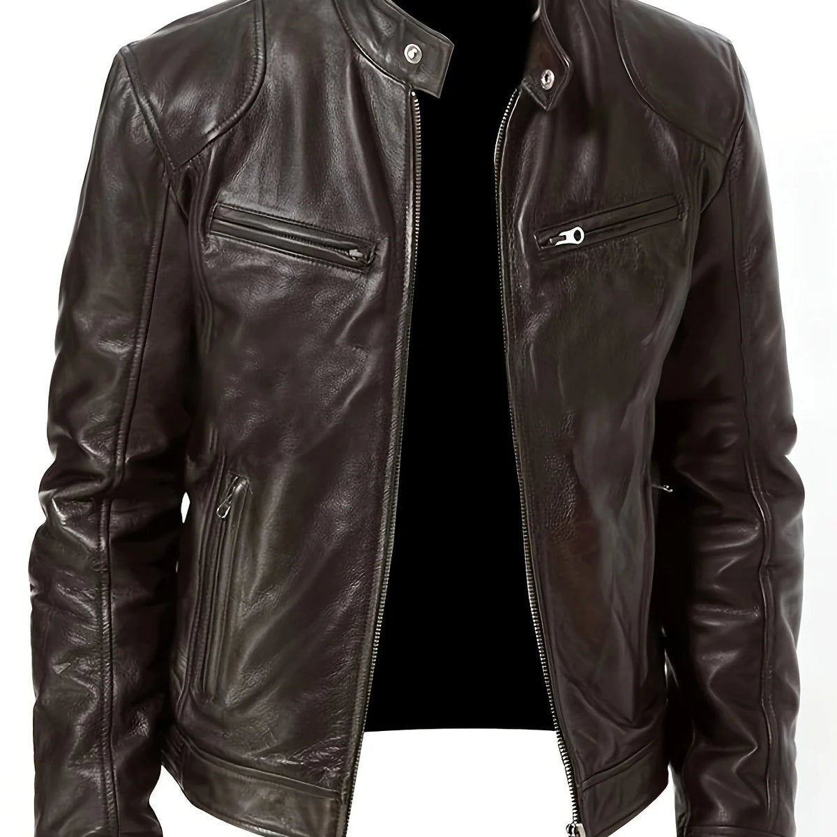 Men's coffee brown cropped classic stand-collar moto jacket for the season
