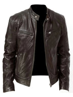 Men's coffee brown cropped classic stand-collar moto jacket for the season