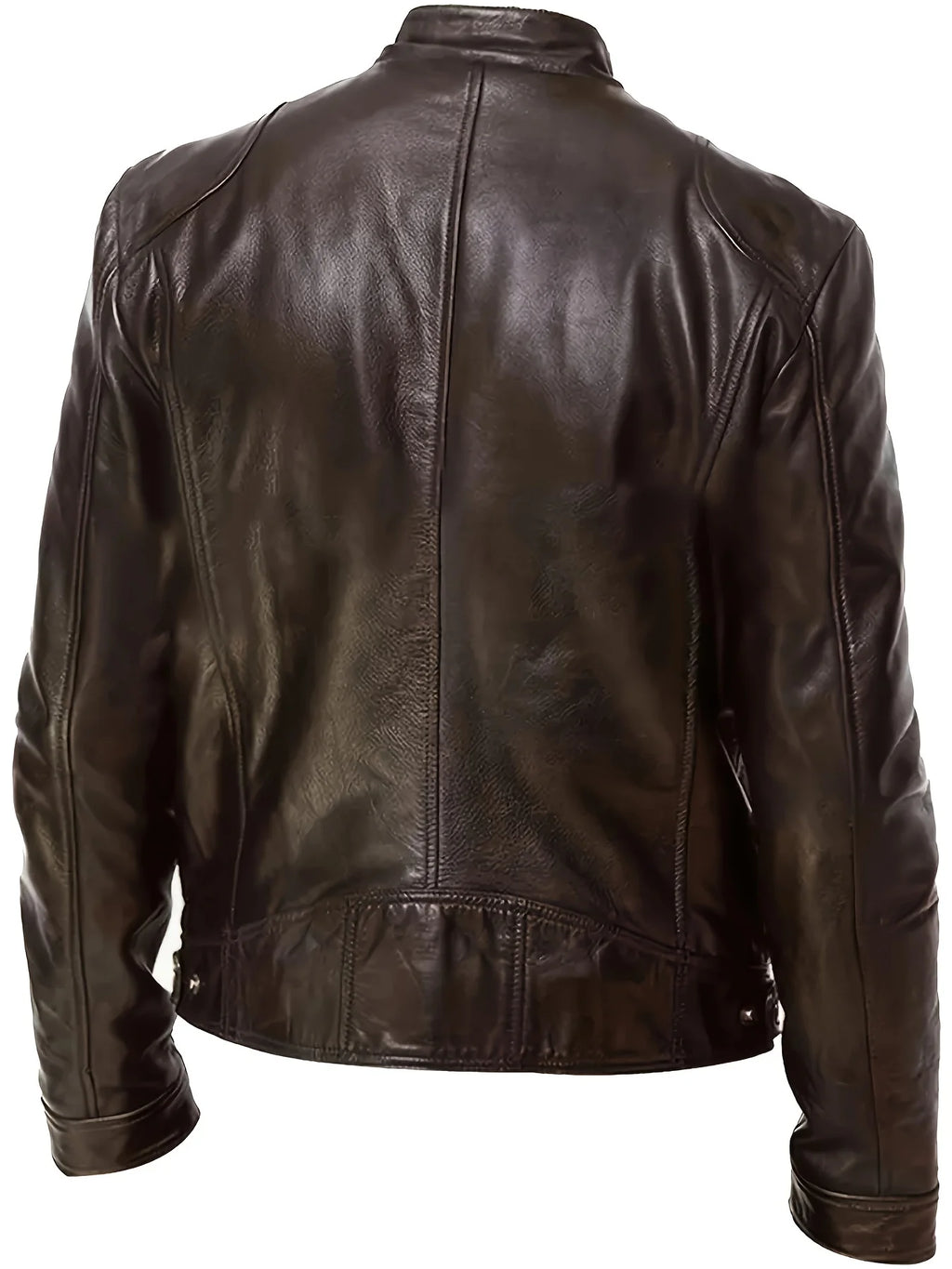 Men's coffee brown cropped classic stand-collar moto jacket for the season