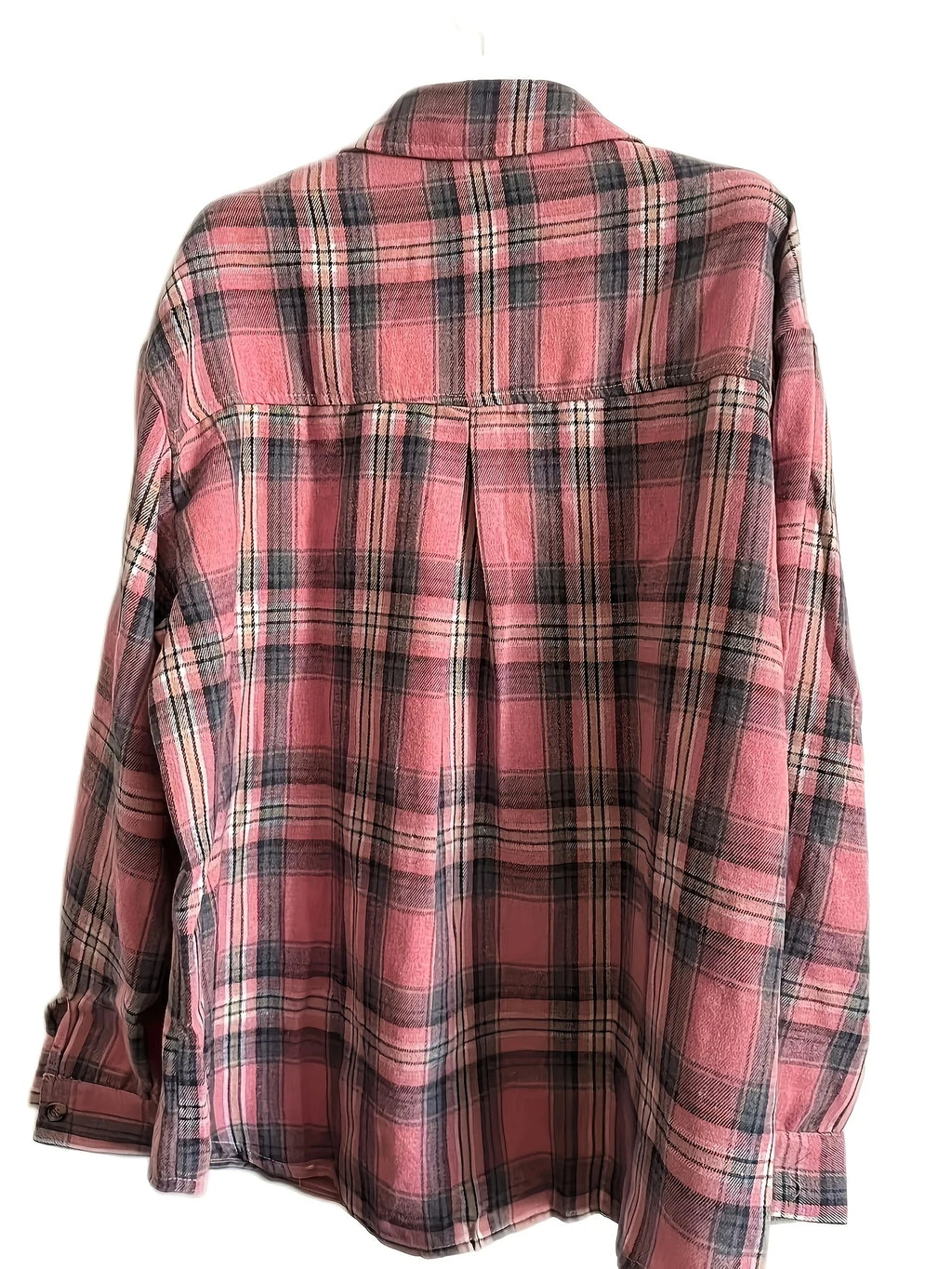 Women's pink & grey plaid relaxed plaid shirt for chilly autumn and winter days
