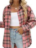 Women's pink & grey plaid relaxed plaid shirt for chilly autumn and winter days