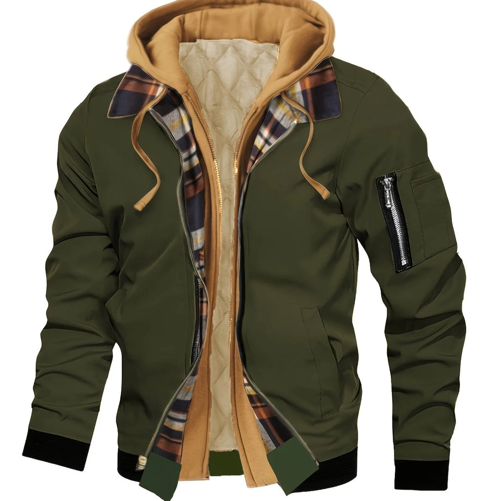 Men's military green hooded zip-up jacket for everyday autumn and winter wear