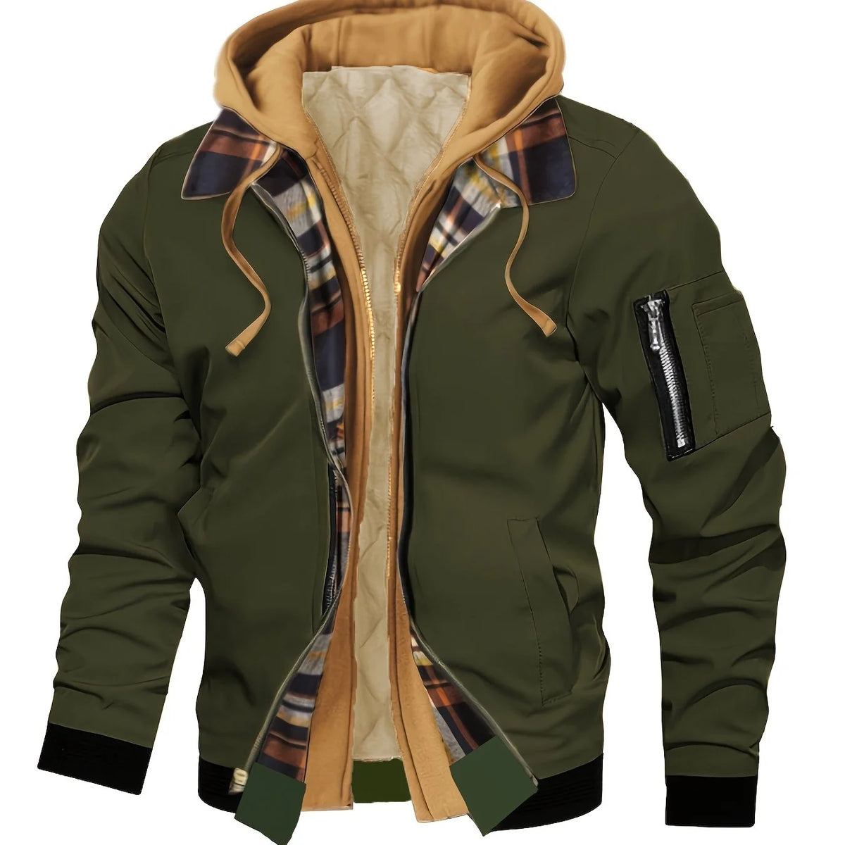 Men's military green hooded zip-up jacket for everyday autumn and winter wear