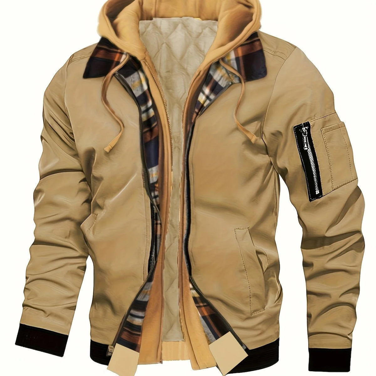 Men's khaki hooded zip-up jacket for everyday autumn and winter wear