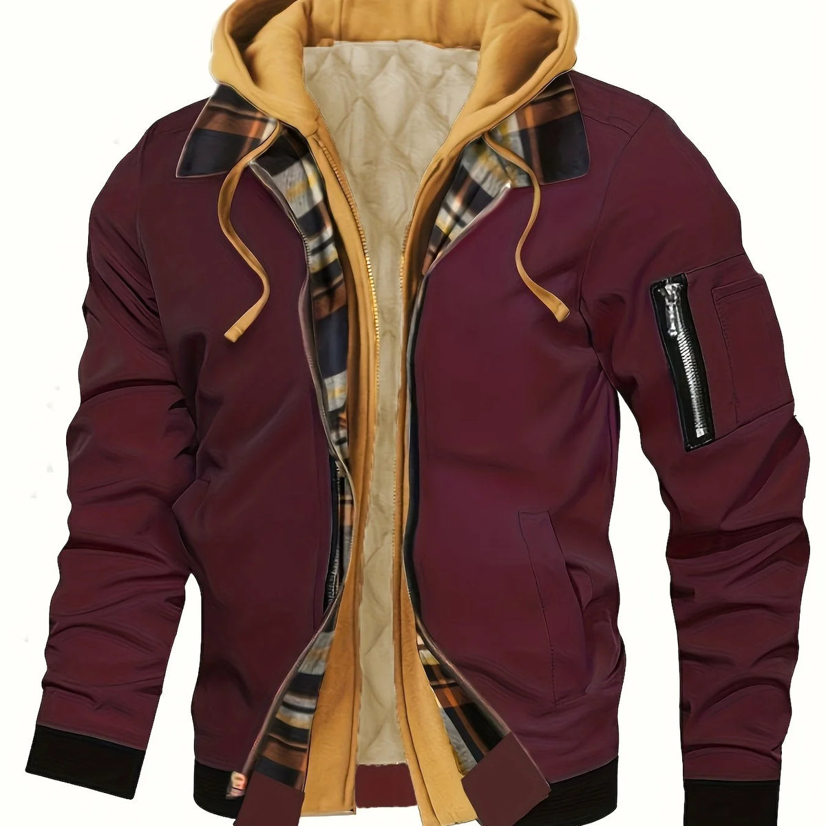 Men's burgundy hooded zip-up jacket for everyday autumn and winter wear