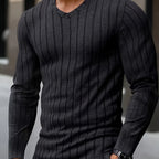 Men's black ribbed v-neck long sleeve top