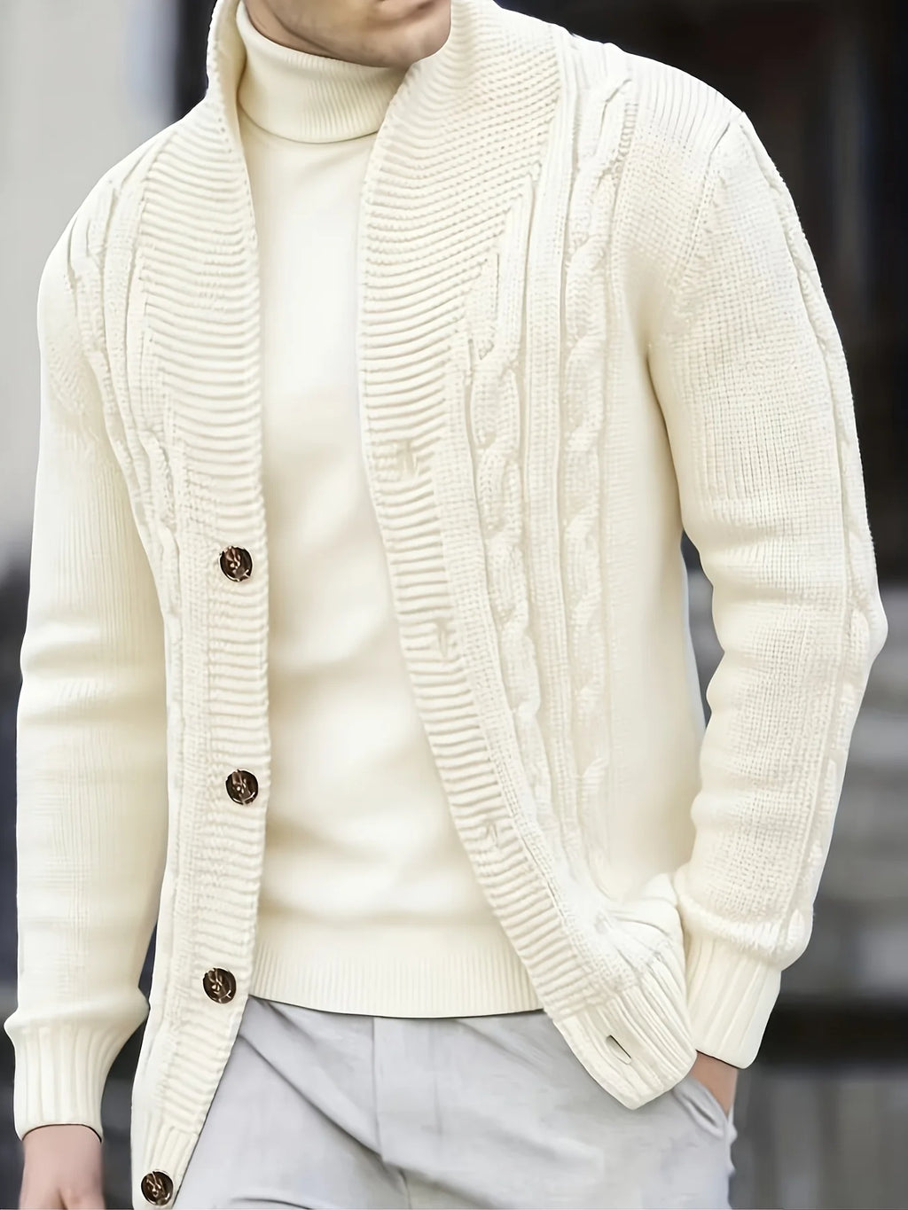 Men's white cable knit pullover sweater for autumn and winter wear