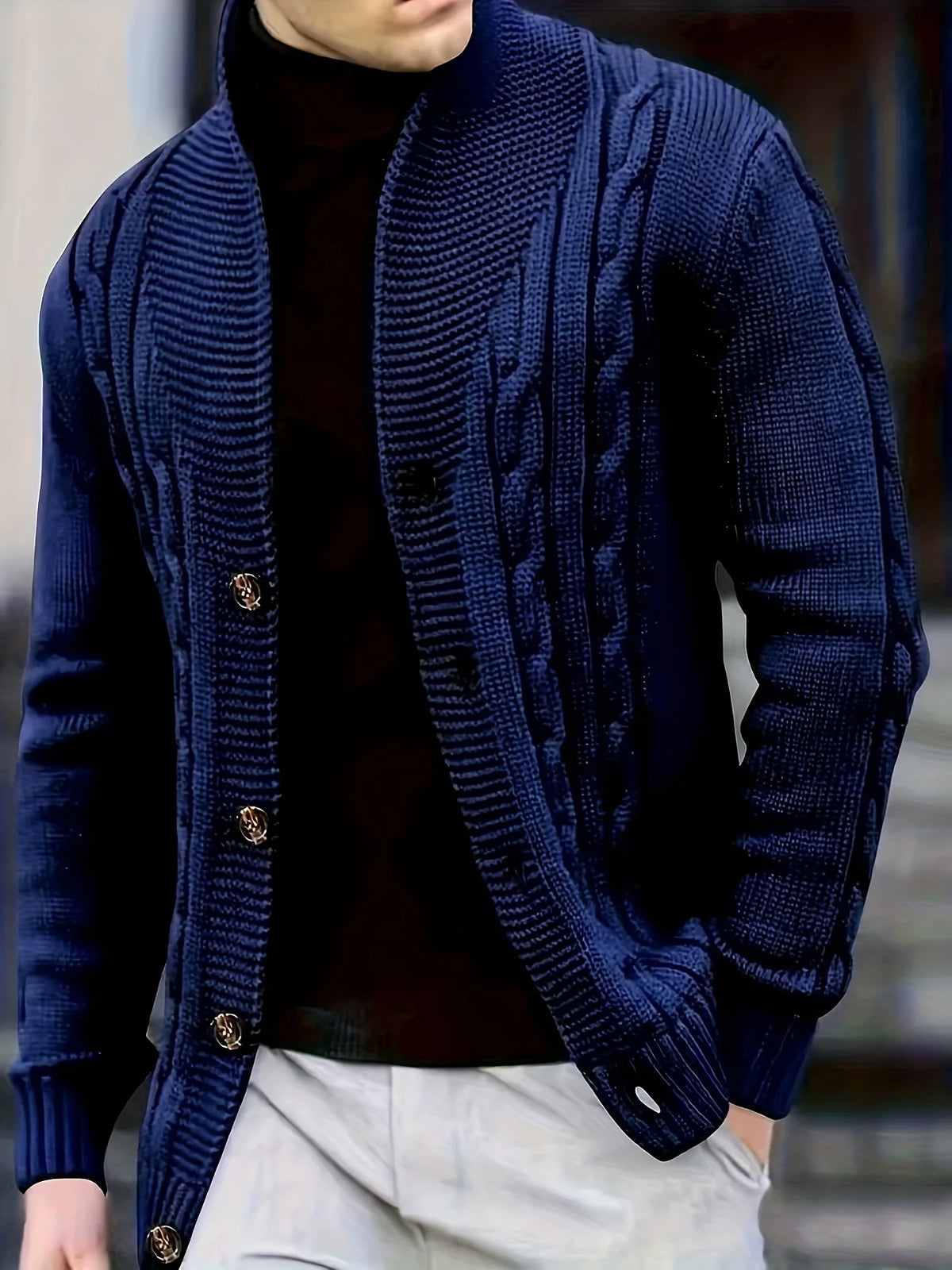 Men's navy blue cable knit pullover sweater for autumn and winter wear