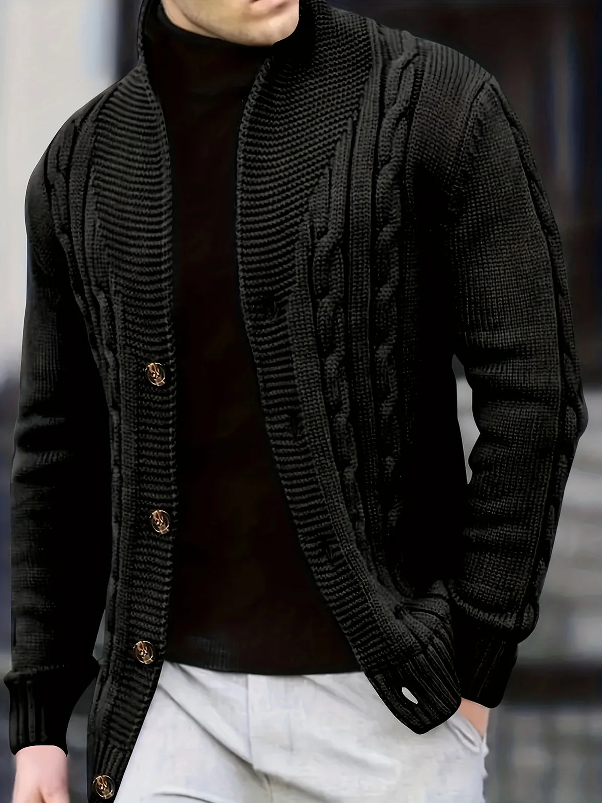 Men's black cable knit pullover sweater for autumn and winter wear