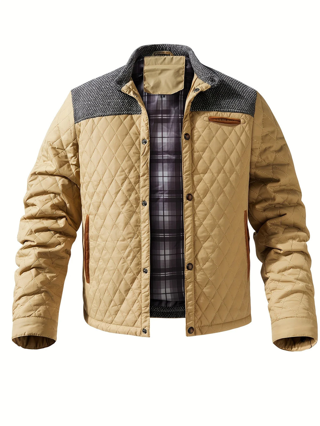 Men's khaki colour block stand-collar jacket for autumn and winter