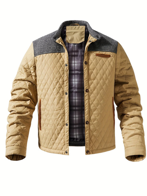 Men's khaki colour block stand-collar jacket for autumn and winter