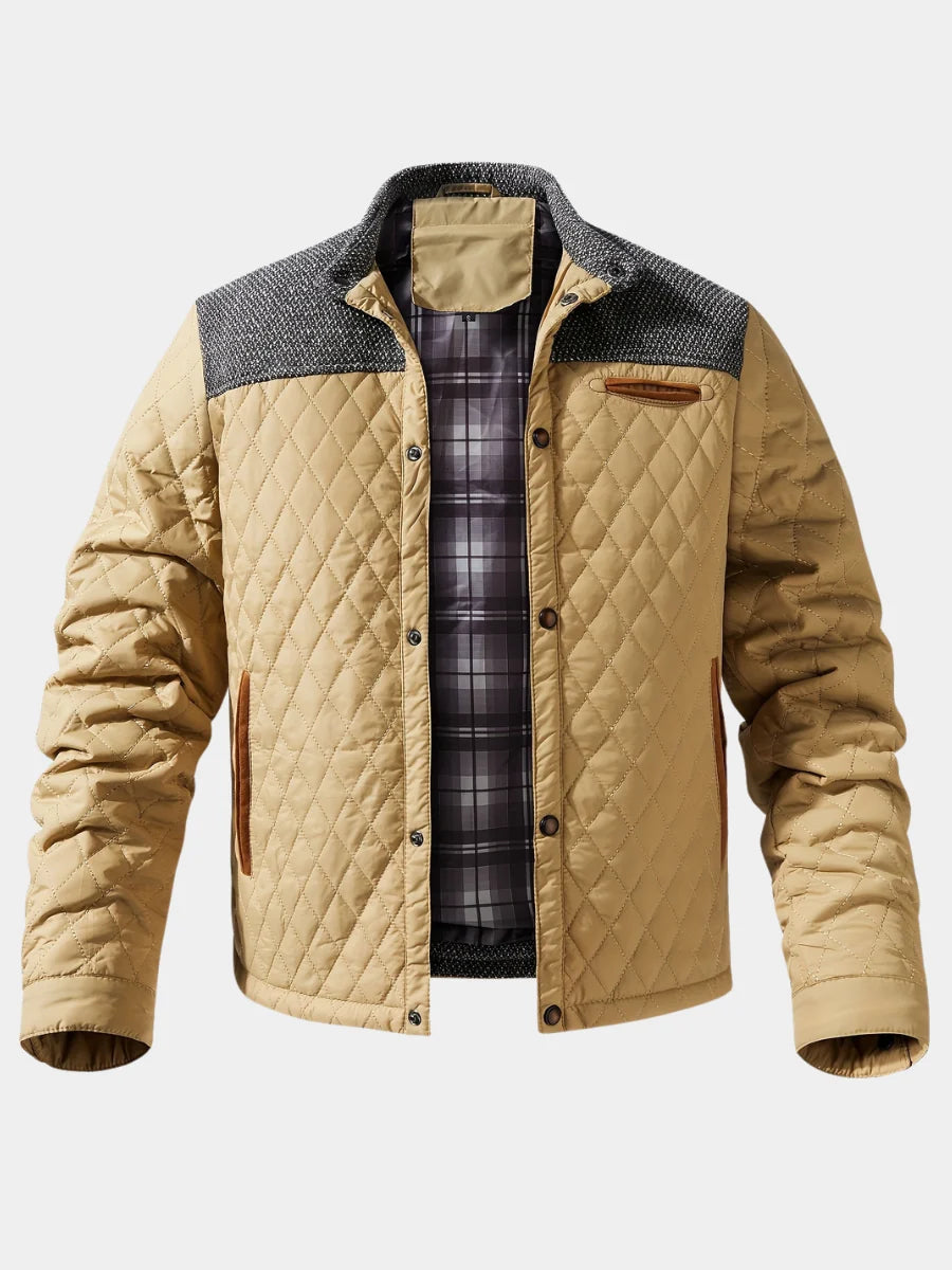 Men's khaki colour block stand-collar jacket for autumn and winter