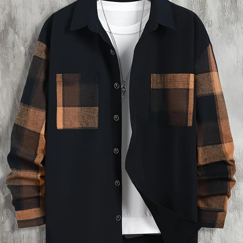 Men's coffee brown contrast patchwork shirt