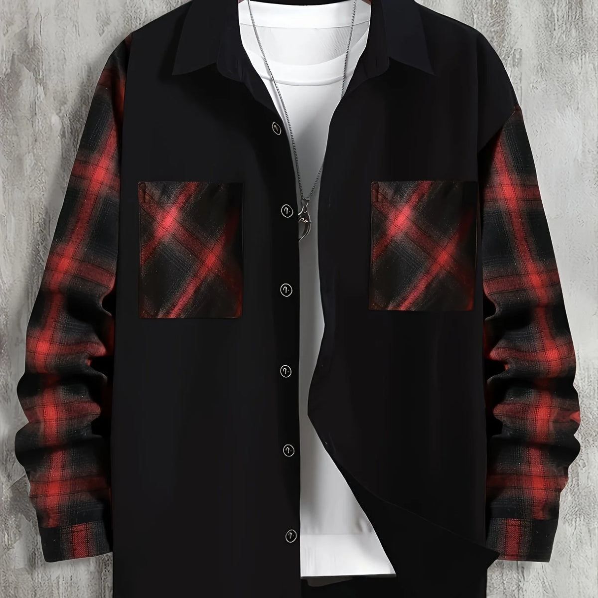 Men's red contrast patchwork shirt