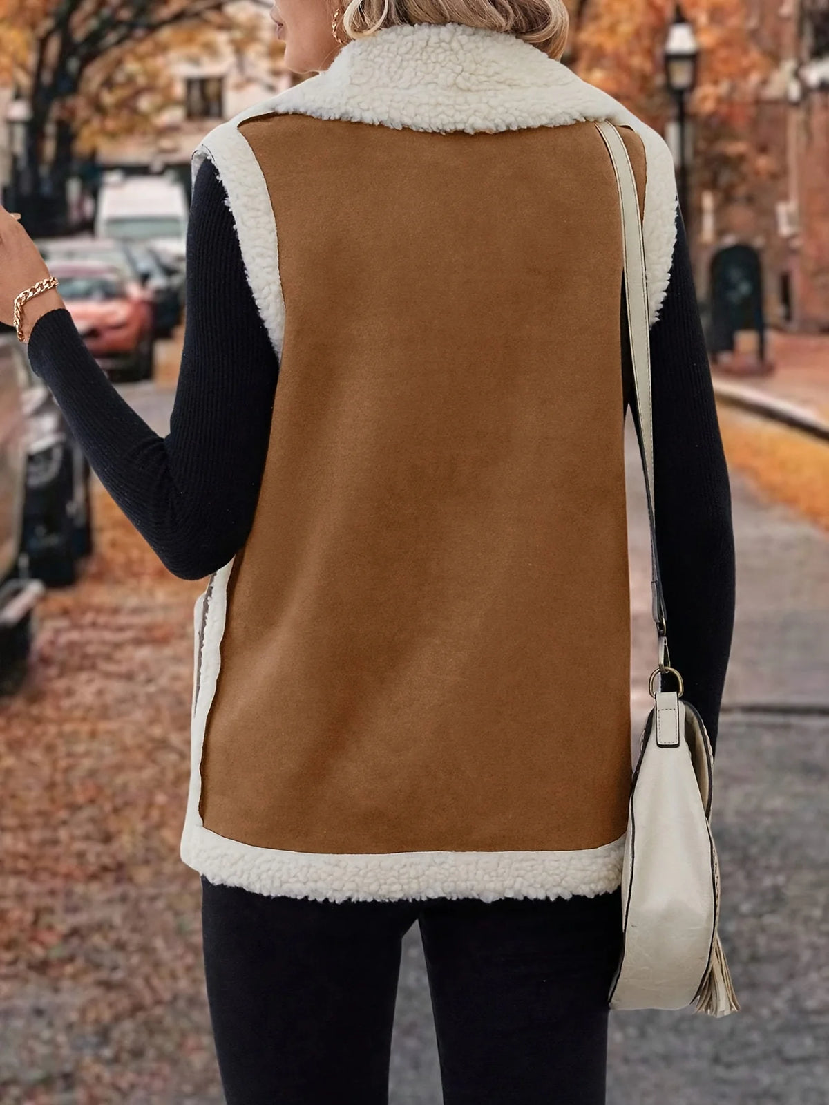 Women's rust sleeveless cosy lined lapel gilet in autumn and winter