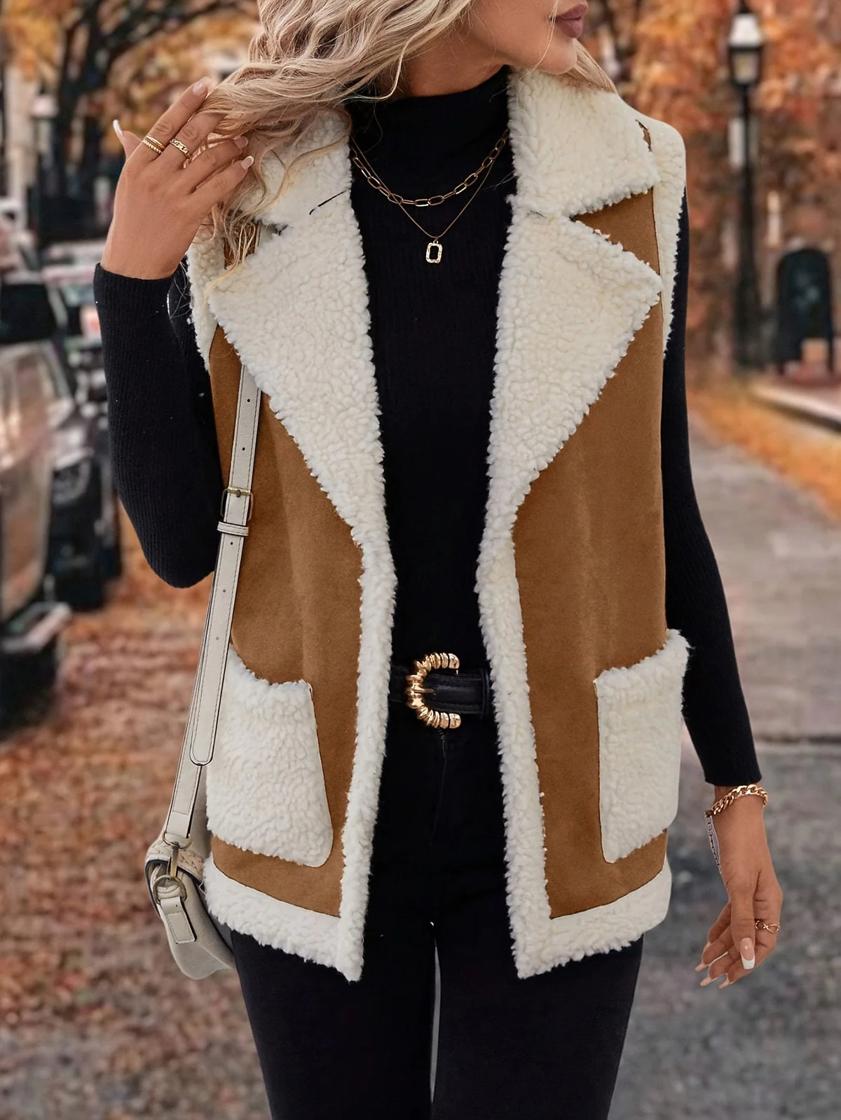 Women's rust sleeveless cosy lined lapel gilet in autumn and winter