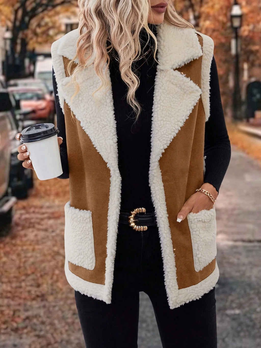 Women's rust sleeveless cosy lined lapel gilet in autumn and winter