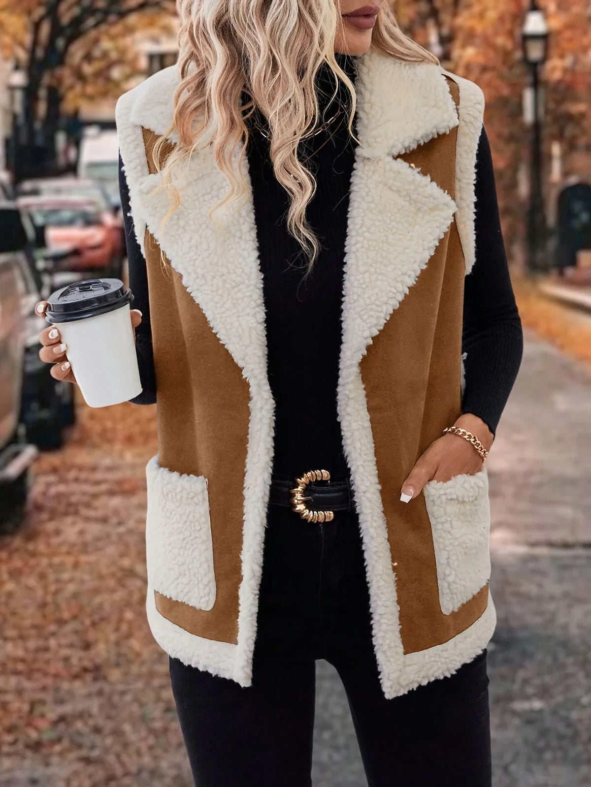 Women's rust sleeveless cosy lined lapel gilet in autumn and winter